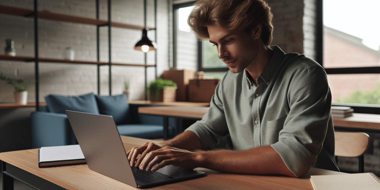 Un homme européen utilisant un ordinateur portable sur un bureau : une scène quotidienne de travail moderne