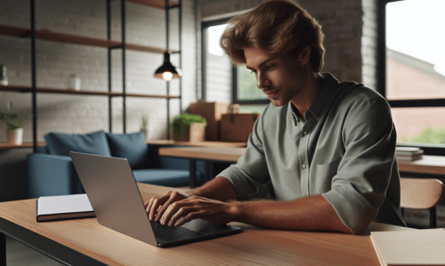 Un homme européen utilisant un ordinateur portable sur un bureau : une scène quotidienne de travail moderne